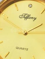 Tiffany svájci quartz karóra, fém szíjjal, 18/23K aranyozott, hátlapján 01618 sorozatszámmal, működi...