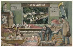 Herkulesfürdő, Baile Herculane; Nachtlogis für Fremde / Éjszakai szállás. Humoros montázs fürdő szállodai vendégekkel / Humorous montage with spa hotel guests