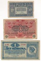 1916. 1K zöld "DEUTSCHÖSTERREICH" felülbélyegzéssel + 1920. 50f + 1K T:VG szakadás