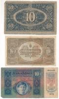 1915. 10K felülbélyegzés nélkül + 1919. augusztus 9. 10K + 1920. 10K T:F-G szakadás, az egyik restau...
