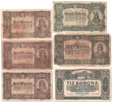 11db-os gyenge tartású Korona bankjegy tétel, közte 1923. 500K nyomdahely-megjelölés nélkül + 1000K "Magyar Pénzjegynyomda Rt. Budapest" nyomdahely-megjelöléssel stb. T:VG,G