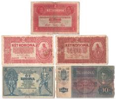 11db-os gyenge tartású Korona bankjegy tétel, közte 1923. 500K nyomdahely-megjelölés nélkül + 1000K ...