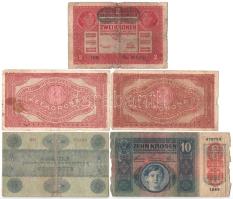 11db-os gyenge tartású Korona bankjegy tétel, közte 1923. 500K nyomdahely-megjelölés nélkül + 1000K ...