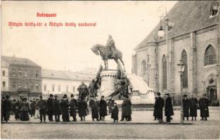 1908 Kolozsvár, Cluj; Mátyás király tér és szobor. Fuhrmann Miklós kiadása / square and statue of Matthias Corvinus (EK)