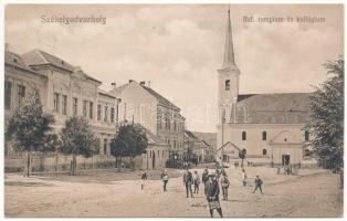 Székelyudvarhely, Odorheiu Secuiesc; Református templom és kollégium, Kovács Gergely üzlete, &quot;Tilos a falragasztás&quot; tábla. Sterba Ödön kiadása / Calvinist boarding school and church, shop