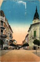 Arad, Báró Eötvös utca, Karátsonyi J. üzlete, vegyeskereskedés. Vasúti levelezőlapárusítás 30-1915. / street, shops (Rb)