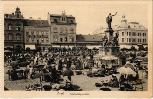 Arad, Szabadság szobor, piac, Posztó gyári raktár, Angele Mátyás, Rosenberg H., Hegedűs Ármin, Kuttn Gyula, Hubatschek üzlete, sörcsarnok / square, market, shops, beer hall (EK)