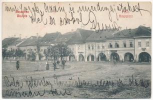 1910 Beszterce, Bistritz, Bistrita; Fő tér, sörcsarnok, Friedmann Ábrahám, Grünberger és Edelstein üzlete / Hauptplatz / main square, shops, beer hall