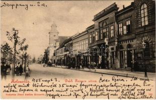 1905 Kolozsvár, Cluj; Deák Ferenc utca, Grand Kávéház, Stief Jenő és Társa papíráruháza, nyomda üzlet. Boskoics József kiadása / street, cafe, shops