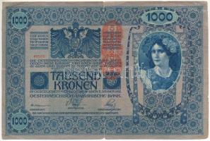 Ausztria 1919. (1902) 1000K, piros függőleges "DEUTSCHÖSTERREICH" felülbélyegzéssel, mindkét oldala német T:F szakadás Austria 1919. (1902) 1000 Kronen, with vertical "DEUTSCHÖSTERREICH" overprint, both sides in german C:F tear