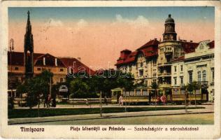 1932 Temesvár, Timisoara; Piata Libertatii cu Primaria / Szabadság tér és városháza, villamos, Casino kávéház és étterem / square, town hall, tram, cafe and restaurant (fa)
