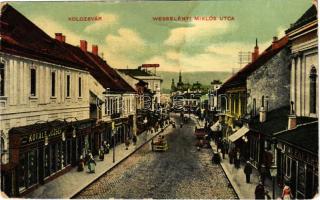 Kolozsvár, Cluj; Wesselényi Miklós utca, Pap, Kovács József üzlete, Pannonia szálloda / street, shops, hotel (gyűrődések / creases)