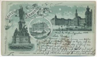 1898 (Vorläufer) Arad, Vértanú szobor, színház, Fő tér este. Lengyel Lipót kiadása / martyrs statue, theatre, night. Art Nouveau, floral, litho (fa)