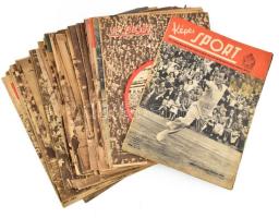 1954 Képes Sport I. évf. 1-23., 26-27., 29-33. számai (30 db), közel teljes évfolyam (24., 25., 28. számok hiányoznak), közte a Magyarország-Anglia 7:1 labdarúgó-mérkőzés (a londoni 6:3-as mérkőzés visszavágója) beszámolójával, változó állapotban + 1955 Képes Sport II. évfolyamának 16 db vegyes száma