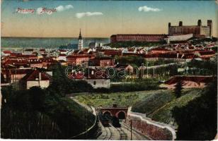 1916 Pozsony, Pressburg, Bratislava; vár, vasúti alagút, vonat, gőzmozdony / castle, railway tunnel, train, locomotive (EM)