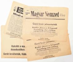 1956 Forradalmi újság különszámok, röplapok, 5 db: Magyar Nemzet rendkívüli száma, 1956. okt. 26. + Szabad Ifjúság 1956. okt. 23-i röpirata (2-2 példányban) + Népszava 1956. okt. 25-i száma. Vegyes állapotban.