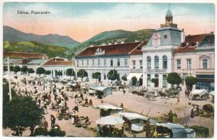 1916 Déva, Piac tér, árusok, Lobstein Vilmos és Komáromy Kálmán üzlete. Hirsch Adolf kiadása / market with vendors, shops (rb)