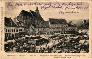 1905 Brassó, Kronstadt, Brasov; Piac tér, fekete templom, árusok, J.L. & A. Hesshaimer és Nicola...