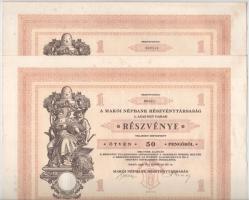 Makó 1929. "Makói Népbank Részvénytársaság" részvénye 50P-ről szelvényekkel, szárazpecséttel (2x) sorszámkövetők "000210-000211" T:AU folt