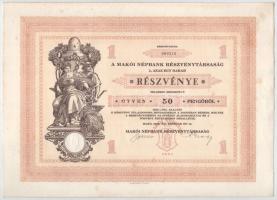 Makó 1929. "Makói Népbank Részvénytársaság" részvénye 50P-ről szelvényekkel, szárazpecsétt...