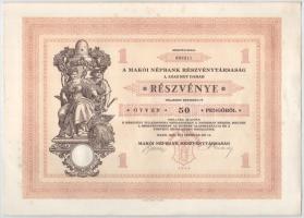 Makó 1929. "Makói Népbank Részvénytársaság" részvénye 50P-ről szelvényekkel, szárazpecsétt...
