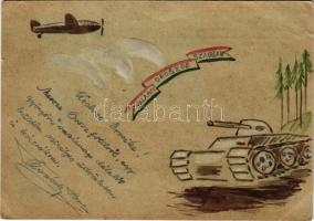 1943 Valahol Oroszországban. Tasnádi Imre zászlós kézzel rajzolt tábori postai levelezőlapja / Somewhere in Russia... WWII Hungarian military hand-drawn field post (EB) + &quot;TÁBORI POSTAHIVATAL ro-ro&quot;