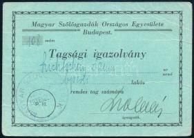 1939-1943 Bp., Magyar Szőlősgazdák Országos Egyesülete tagsági igazolvány Lichtschein Samu izraelita földbirtokos részére, bélyegekkel