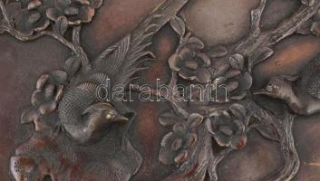 Antik japán madármintás bronz falitál, klasszikus japán domború madárábrázolással ékesített nagy mér...