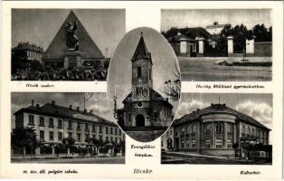 1939 Bicske, Hősök szobra, M. kir. polgári iskola, Kultúrház, Evangélikus templom, Horthy Miklósné gyermekotthon