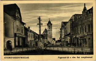 1941 Gyergyószentmiklós, Gheorgheni; Fogarassi út, római katolikus templom, gyógyszertár, patika, Textil áruház, Müller Gábor üzlete / street, church, pharmacy, shops