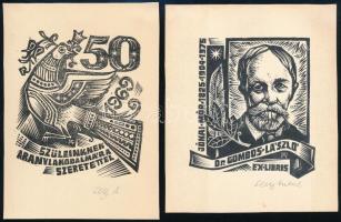 Fery Antal (1908-1994), 2 db kisgrafika: Ex libris dr. Gombos László és Szüleinknek aranylakodalmára, 1969, fametszet, papír, mindegyik jelzett, 8x7 cm