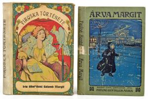 2 db ifjúsági könyv: Gömbösné Galamb Margit: Piroska története és egyéb elbeszélések. Bp., é.n. (cca 1910), Magyar Kereskedelmi Közlöny, 134+(2) p. Második kiadás. Oldalszámozáson belül öt egészoldalas, fekete-fehér képpel. Kiadói illusztrált, festett félvászon-kötés, az elülső kötéstábla kissé sérült, a hátsó foltos, néhány a fűzéstől elváló lappal. + Faylné Hentaller Mária: Árva Margit. Regény fiatal leányoknak. Bp., 1915, Athenaeum. Harmadik kiadás. Kiadói illusztrált, festett egészvászon-kötés, kopottas borítóval, ajándékozási bejegyzéssel.