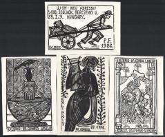 Perei Zoltán (1913-1992): 4 db ex libris Dr. Gombos László. Fametszet, papír. Mindegyik jelzett, kézinyomat (hátoldalán feliratozott), egyik számozott. Klf. méretekben.