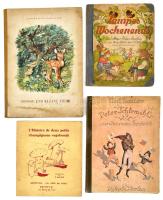 4 db idegen nyelvű mesekönyv (egy francia, három német): L&#039;Histoire de deux petits champignons vagabonds; Lampes Wochenende; Peter Schlemihls wundersame Geschichte; Jewgenij Tscharuschin: Grosse und kleine Tiere. Vegyes állapotban.