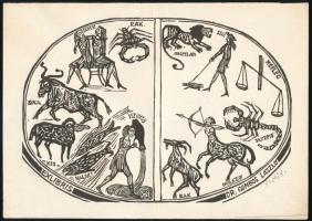 Perei Zoltán (1913-1992): Ex libris Dr. Gombos László (csillagjegyek). Fametszet, papír. Jelzett, kézinyomat (hátoldalán feliratozott). 13x18,5 cm.