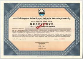 Martfű 1990. "Első Magyar Szövetkezeti Sörgyár Részvénytársaság" 100db névre szóló részvénye 1000Ft értékben, "MINTA" felülbélyegzéssel, "0000000" sorszámmal, szelvényekkel T:AU