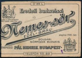 cca 1910-1920 Eredeti budweissi Nemes-sör, Polgári Sörfőzde Budweis címke / számolócédula, hátoldalán ceruzás feljegyzésekkel, 12x8 cm