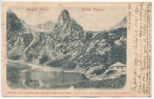 1903 Tátra, Magas Tátra, Vysoké Tatry; Grünersee, Karfunkelturm u. Unterkunftshaus / Zöld-tó, Karbunkulus-torony és Frigyes menedékház. Divald Adolf 59. / Jastrabia veza, Zelené pleso, chata / High Tatras, mountain peaks, chalet (ázott / wet damage)