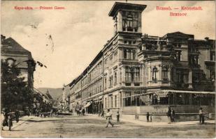 1911 Brassó, Kronstadt, Brasov; Kapu utca, Kertsch nyaraló, H. Ostersetzer reklám, Sans Souci étterem és kávéház / Prinzen Gasse / street, villa, restaurant and cafe (lyuk / hole)