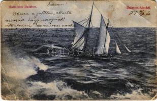 1907 Balatonalmádi, hullámzó Balaton, vitorlás. Divald Károly 1498-1907. (EB)