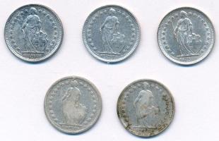 Svájc 1905-1952. 1/2Fr Ag (5xklf) T:AU-F patina
Switzerland 1905-1952. 1/2 Franc Ag (5xdiff) C:AU-F...