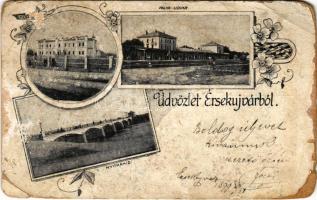 1899 (Vorläufer) Érsekújvár, Nové Zamky; Kórház, Vasútállomás, Nyitra híd / hospital, railway station, Nitra bridge. floral Art Nouveau (b)