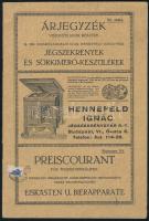 cca 1920-1930 Hennefeld Ignác Jégszekrénygyár Rt., jégszekrények és sörkimérő-készülékek 30. sz. árjegyzék viszonteladók részére. Fekete-fehér illusztrációkkal, magyar és német nyelven. Bp., Korvin-ny., 32 p. Tűzött papírkötés, &quot;Gutmann Zoltán bádogos, Mindszent&quot; bélyegzőkkel.