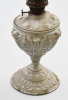 Antik petróleumlámpa, festett spiáter testtel, felragasztott üvegbetéttel, szép állapotban, m: 47,5 ...