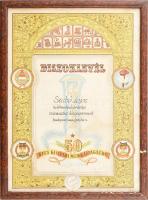 1968 Díszoklevél 50 éves kisipari munkásságért, Szabó Lajos hódmezővásárhelyi csizmadia részére. Szocreál grafikus oklevél, Kádár-címerrel, Szabadság-szoborral, stb. Fakeretben, ázásnyomokkal, a keret kissé sérült, 45,5x32,5 cm