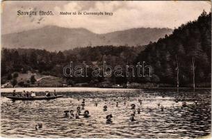 1909 Szovátafürdő, Baile Sovata; Medve tó, Cseresnyés hegy, fürdőzők / Lacul Ursu / lake, bathing people (EK)