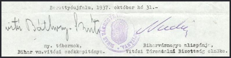 1937 Berettyóújfalu, vitéz Báthory-Szűts Sándor ny. tábornok, Bihar vármegye vitézi székkapitányának...