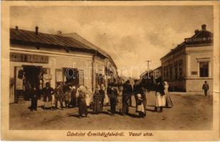 Érmihályfalva, Valea lui Mihai; Vasút utca, Kereskedelmi és Iparbank, Sziky Károly üzlete. Glück Lajos kiadása / street view, shops, bank (gyűrődések / creases)