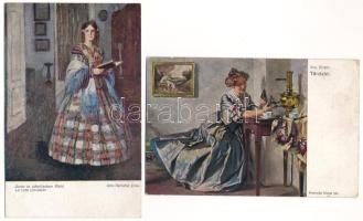10 db RÉGI művész képeslap hölgyekről / 10 pre-1945 art motive postcards: ladies
