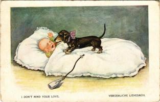 Vergebliche Liebesmüh / "I don't mind your love" baby with Dachshund dog. WSSB 1045. ...